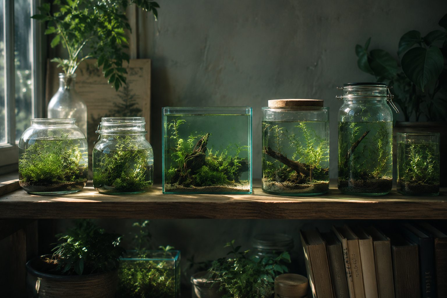 A shelf of small planted jars and nano tanks of green water in soft window light.
