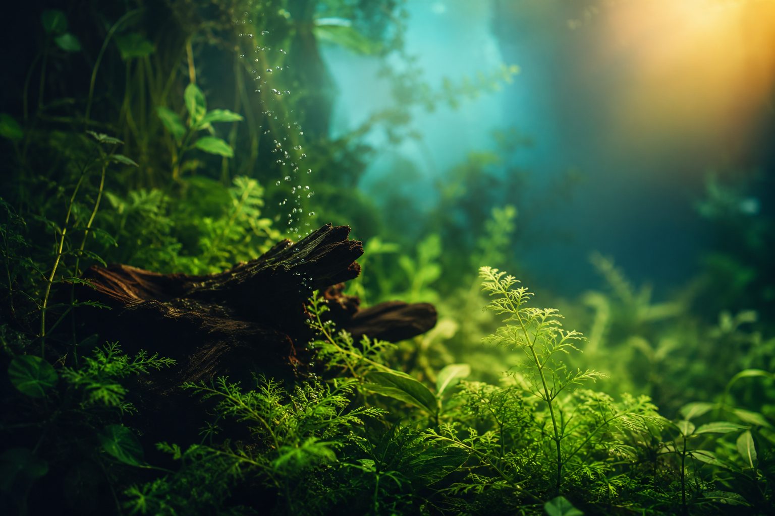 A planted aquarium scene: driftwood and fine green plants with a trail of oxygen bubbles rising toward warm light.