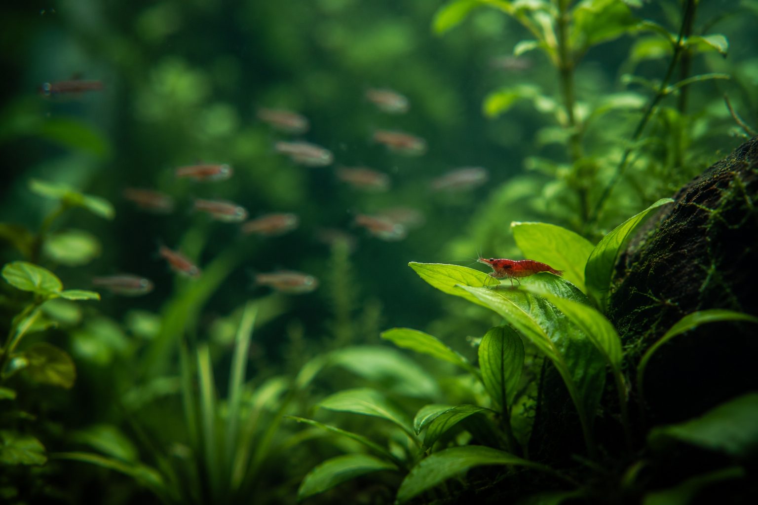 A planted tank scene: a school of small nano fish drifting behind green leaves, with a single red cherry shrimp resting on a leaf.