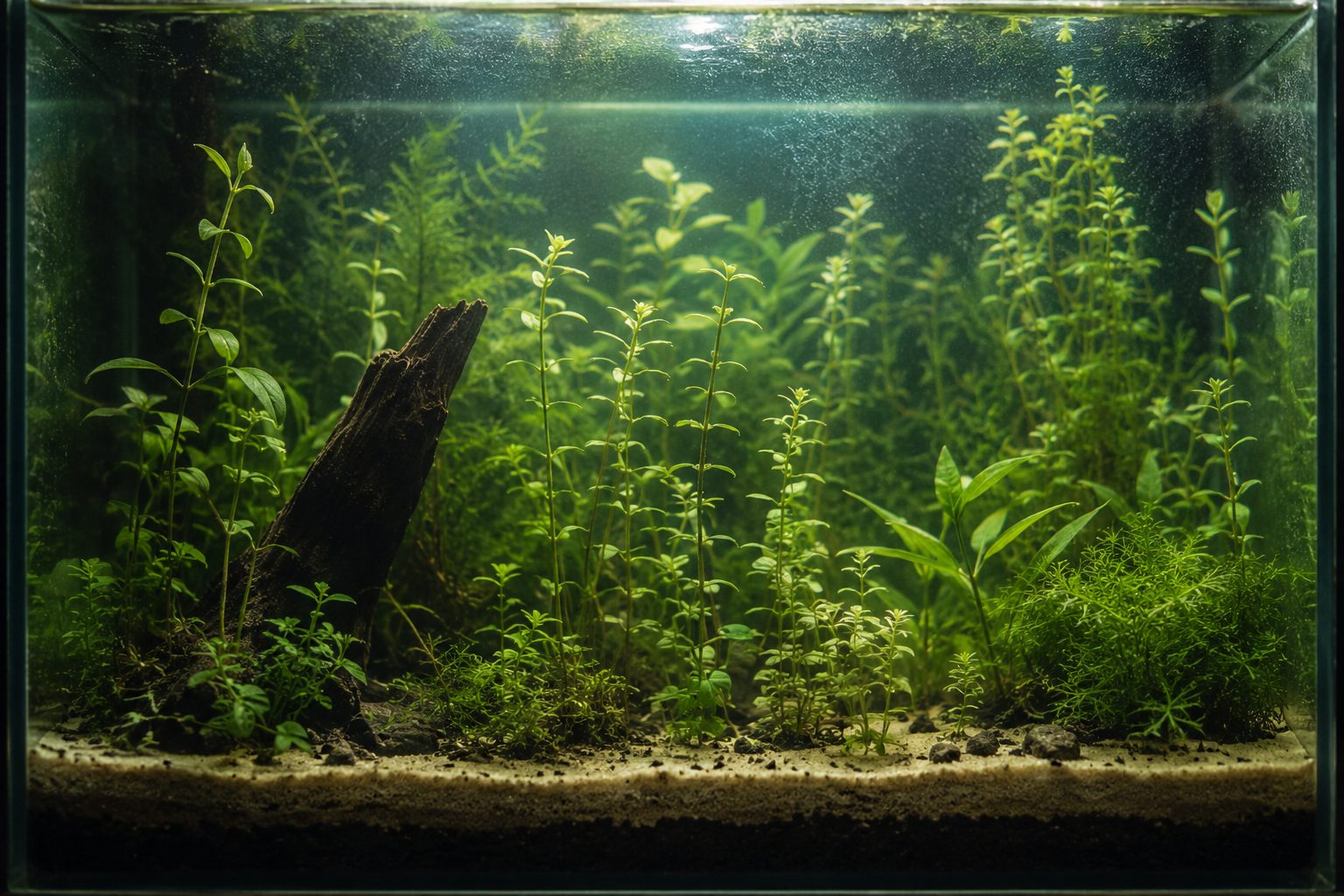 A low-tech planted aquarium: green stem plants over a soil-and-sand base with a piece of driftwood, lit soft and green.