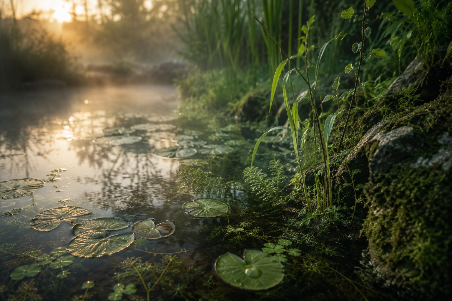 A balanced garden pond at dawn: lily pads and marginal grasses along a mossy rock edge in low mist.