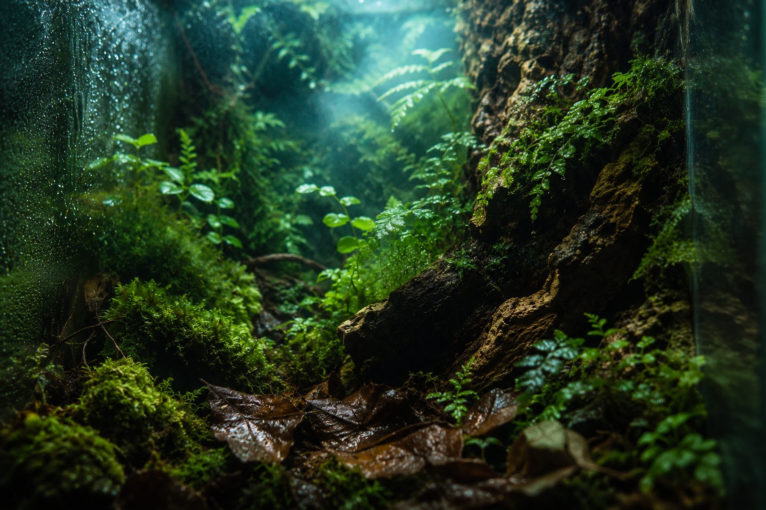 A bioactive vivarium wall of moss and ferns over cork and rock, with brown leaf litter on the floor and misted glass.