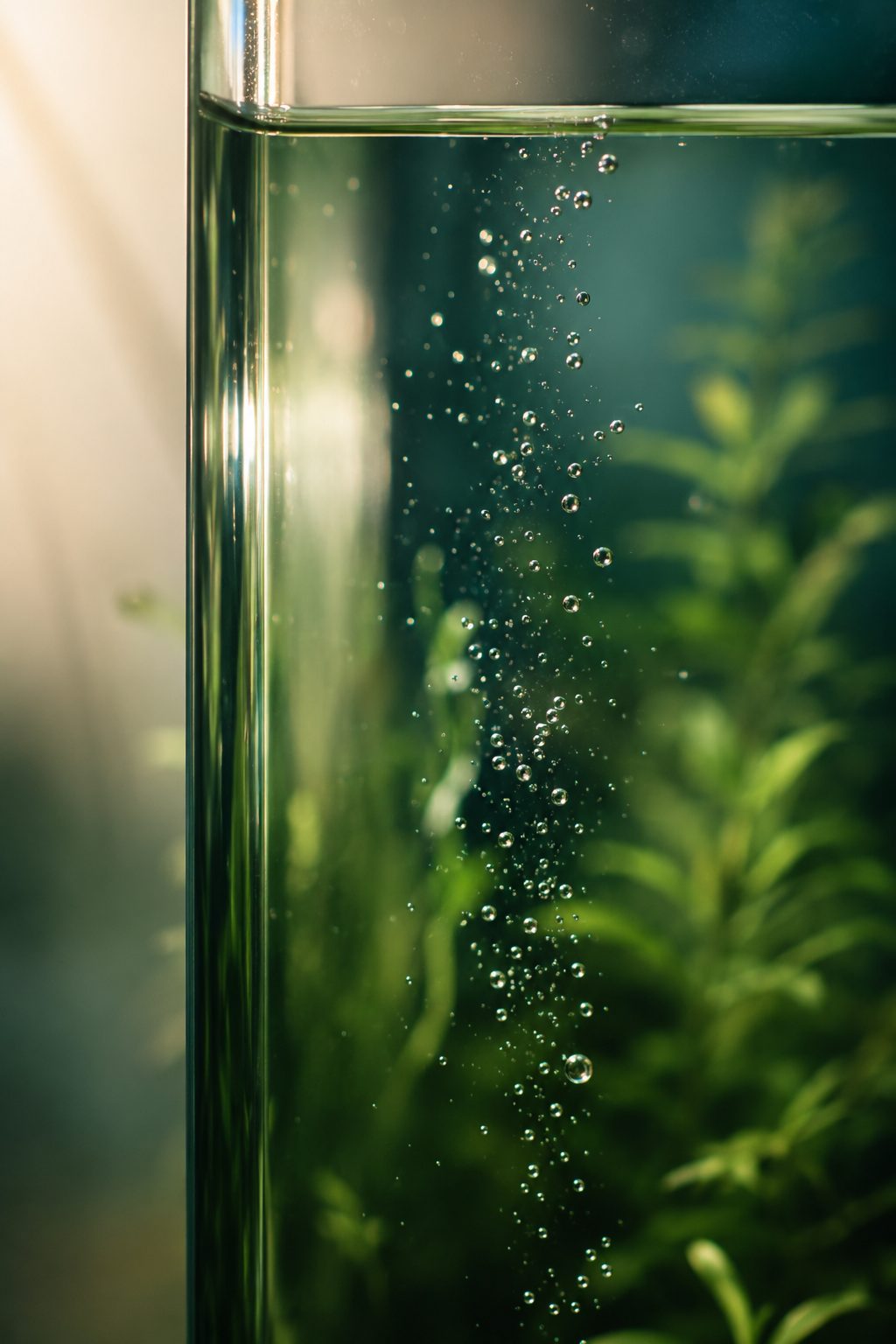 Fine bubbles rising through a column of clear aquarium water, green plants soft behind the glass.